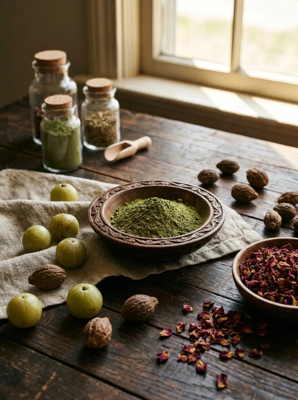 Herbal products — amla, neem powder, dried rose petals