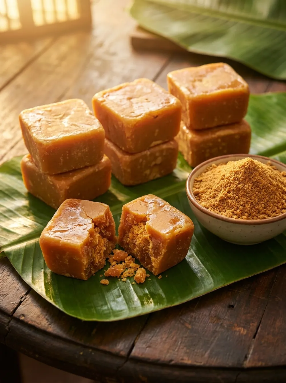 Kolhapuri jaggery blocks on banana leaf