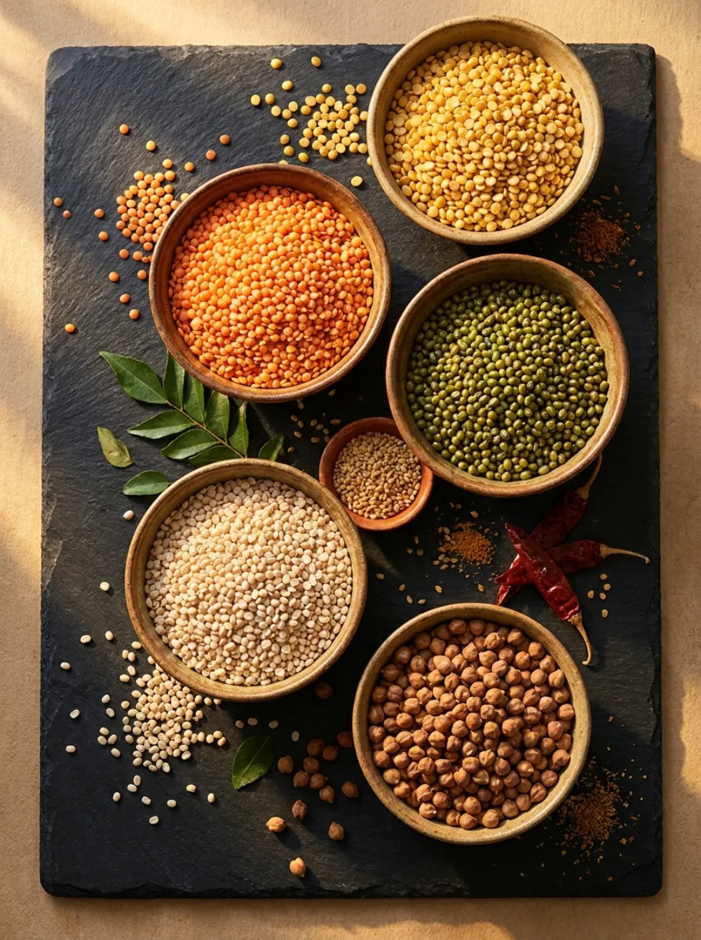 Dals, lentils and spices arranged on slate
