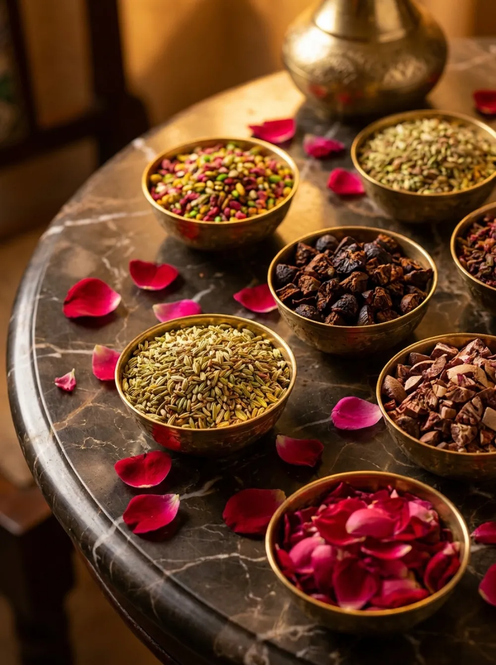 Mukhwas and scented supari in brass bowls