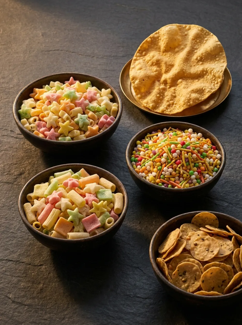 Colourful farfar and papad varieties