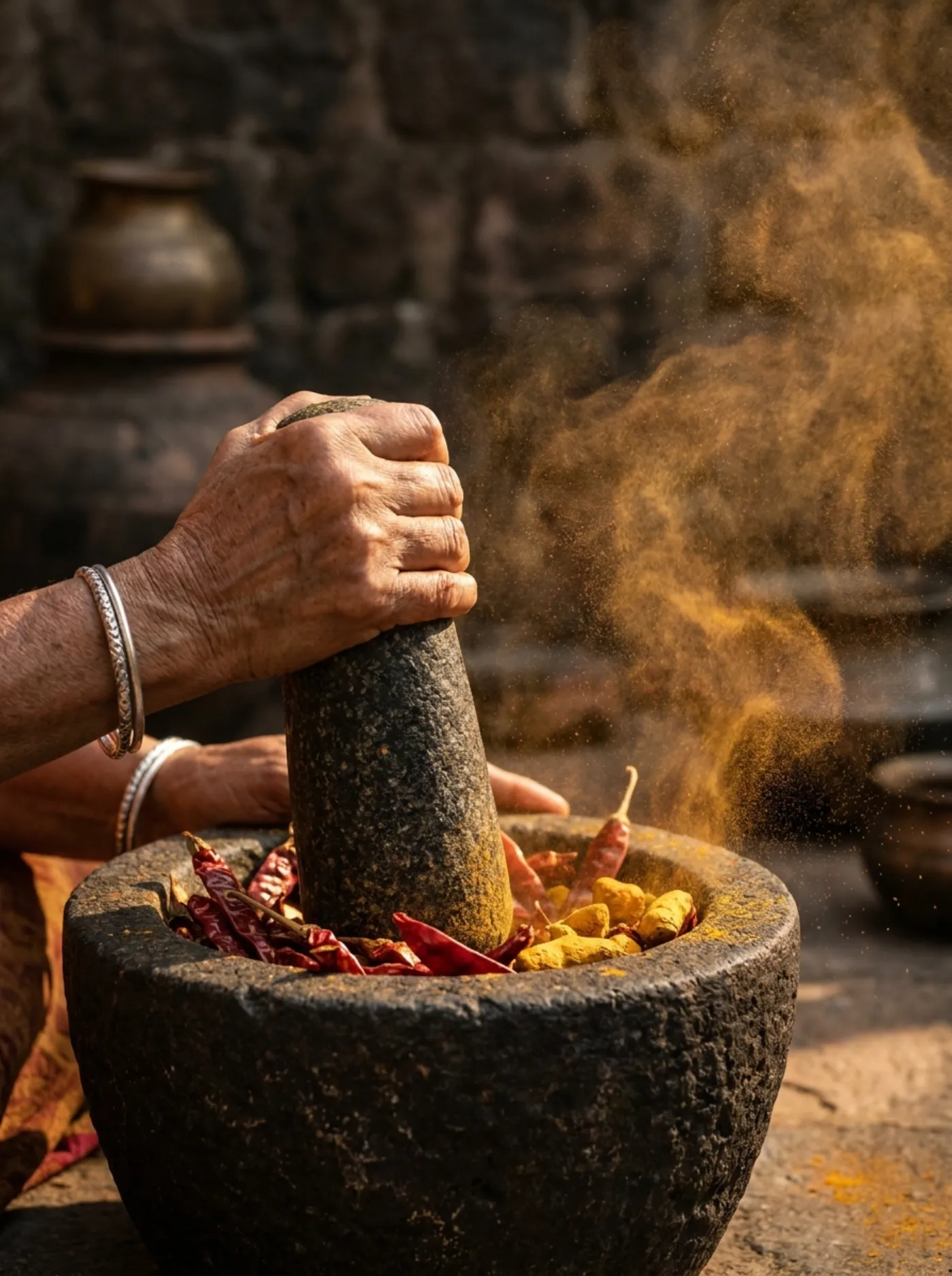 Traditional stone grinding of chillies and turmeric