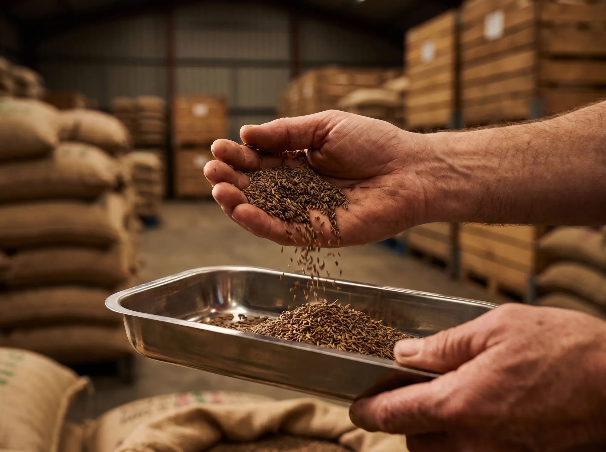 Hands inspecting cumin seeds over a sampling tray in a warehouse