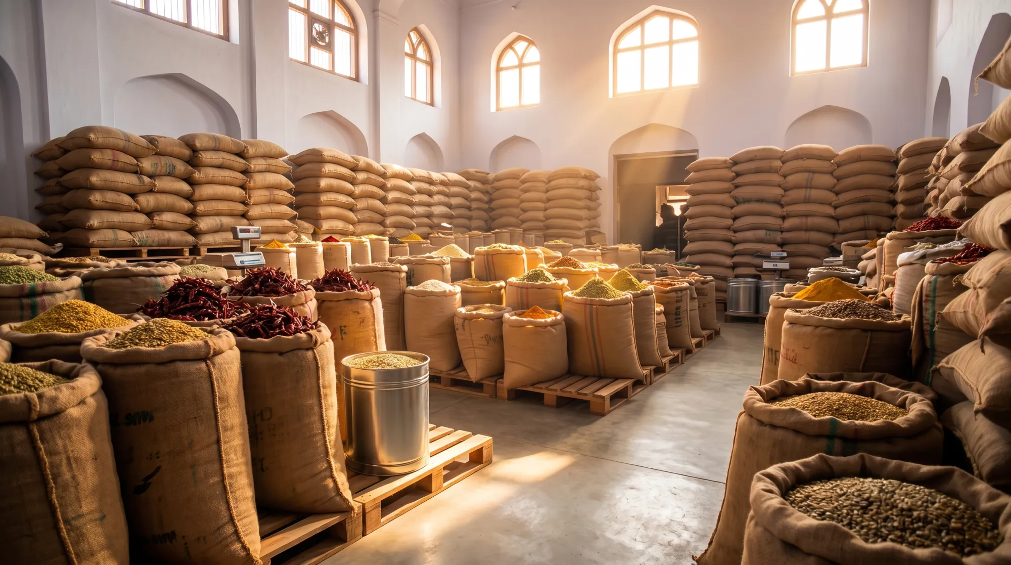 Sacks of spices and grains in an Indian trading warehouse